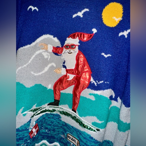 Blizzard Bay Santa Surfing Ugly Christmas Sweater XL - Picture 2 of 6